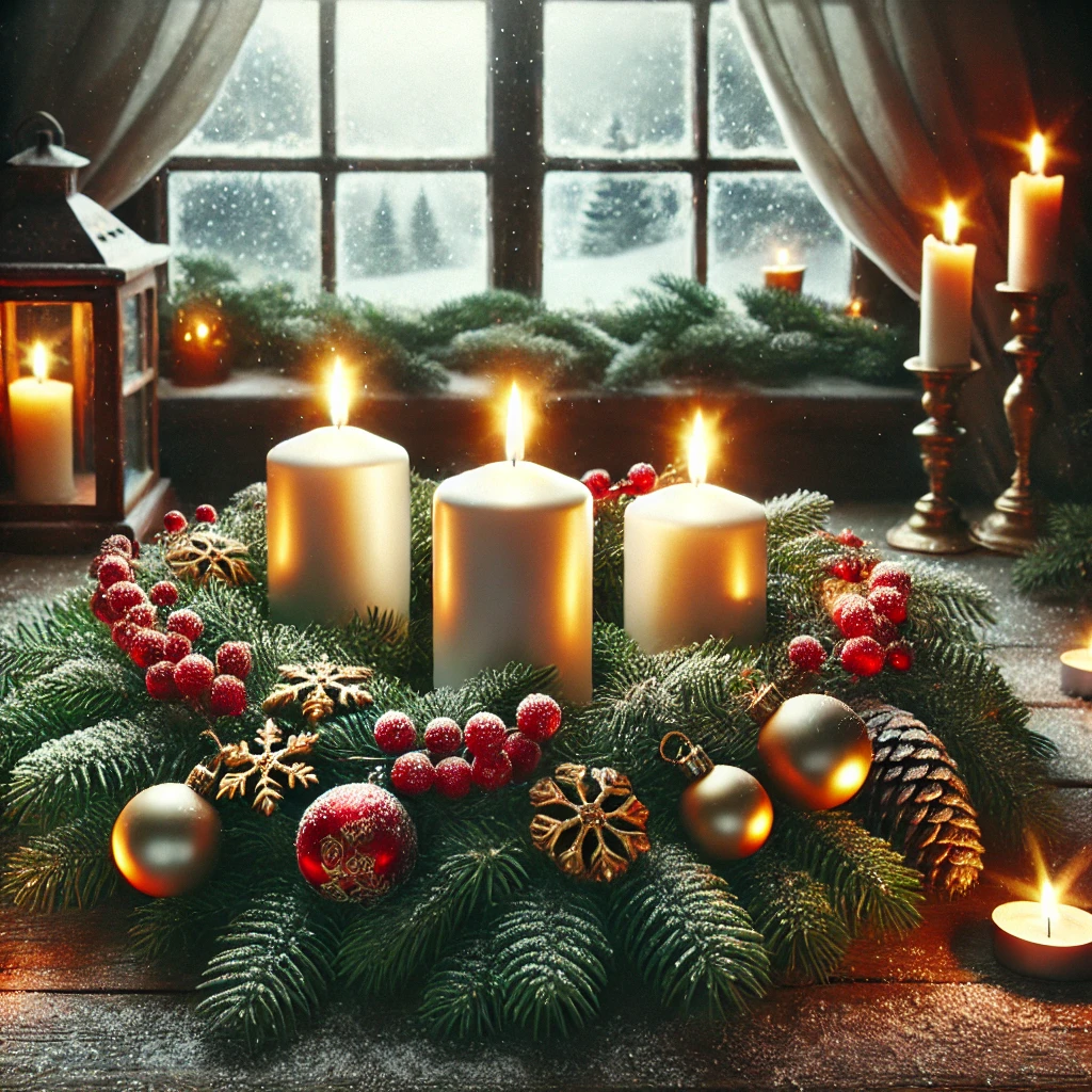 Ein festlicher Adventskranz mit Kerzen, Tannenzweigen, roten Beeren, Tannenzapfen und goldenen Ornamenten steht auf einem Tisch in der Nähe eines Fensters mit einer verschneiten Landschaft draußen. Angezündete Kerzen verleihen der winterlichen Szenerie ein warmes, gemütliches Licht.