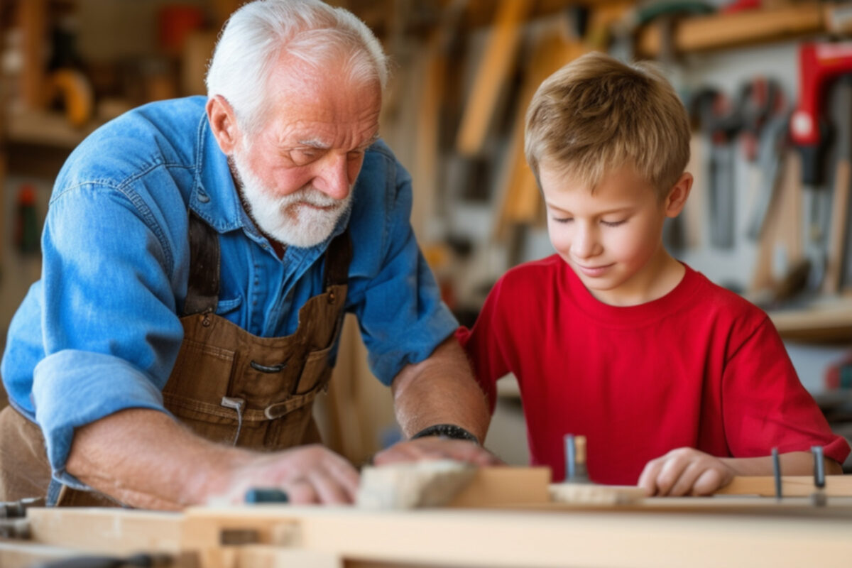 Ein älterer Mann in Latzhose lehrt einen Jungen traditionelles Handwerk und führt seine Hände in die Holzbearbeitung ein, während sie gemeinsam an einem Projekt arbeiten, das von Werkzeugen und Holzmaterialien umgeben ist.