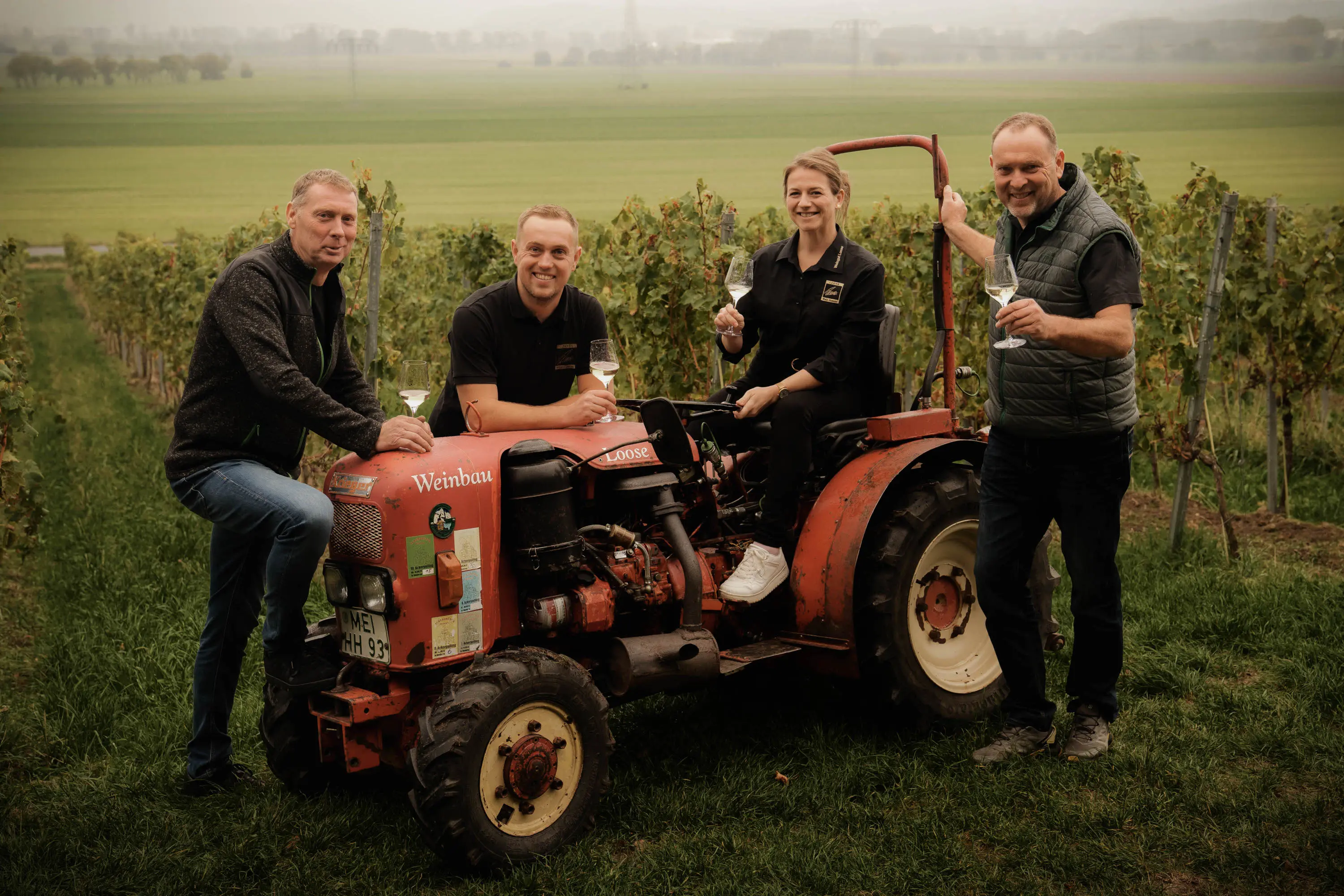 Winzer mit einem Traktor im Weinberg