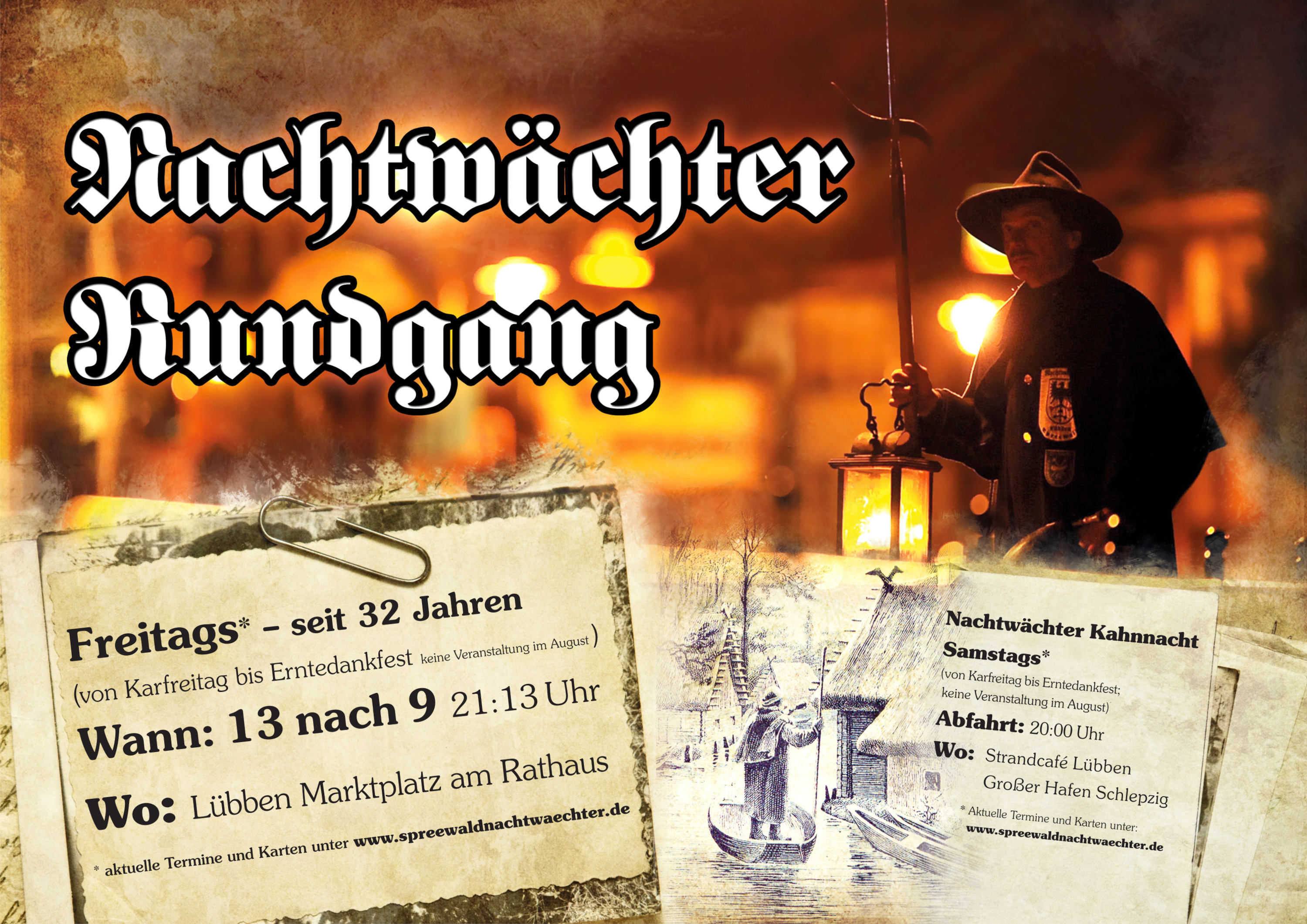 Plakat für den Lübbener Nachtwächter-Rundgang, mit fettgedruckter gotischer Schrift, dem Bild eines Laternenwächters und Veranstaltungshinweisen zur Stadtführung auf pergamentartigen Notizen.