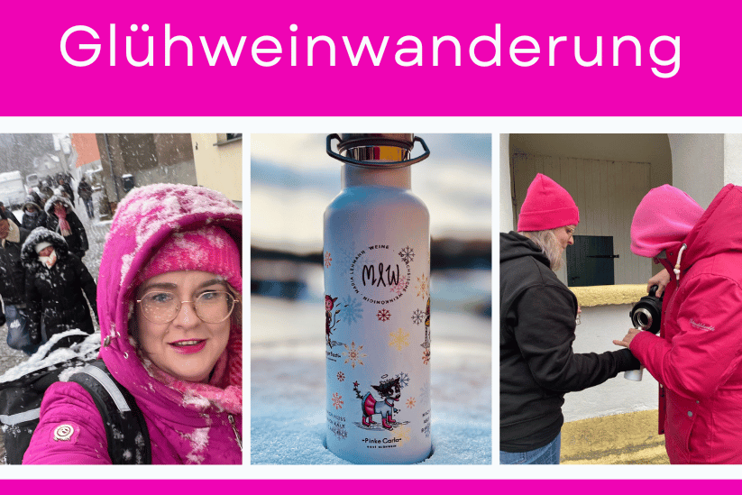 Eine Collage für die Glühweinwanderung zeigt Menschen, die im Schnee spazieren gehen, eine Frau in pink Winterkleidung, die ein Selfie macht, eine festliche Isolierflasche und zwei in Rosa gekleidete Personen, die die Glühweinwanderung im Freien genießen.