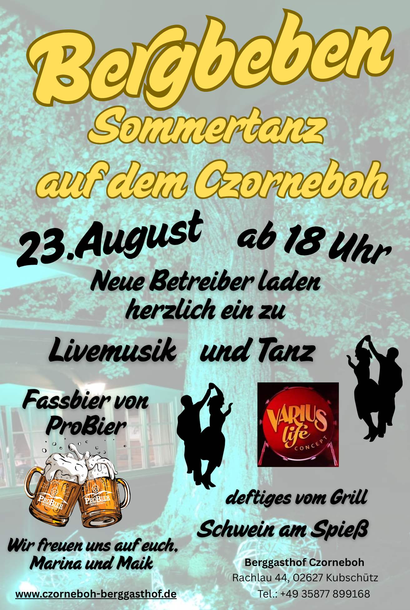 Das Veranstaltungsplakat mit gelbem und weißem Text kündigt den Bergbeben Sommertanz auf dem Czorneboh am 23. August um 18 Uhr an - mit Live-Musik, Tanz, Getränken, Schweinefleisch vom Grill, Bier, festlichen Illustrationen und Kontaktinformationen.