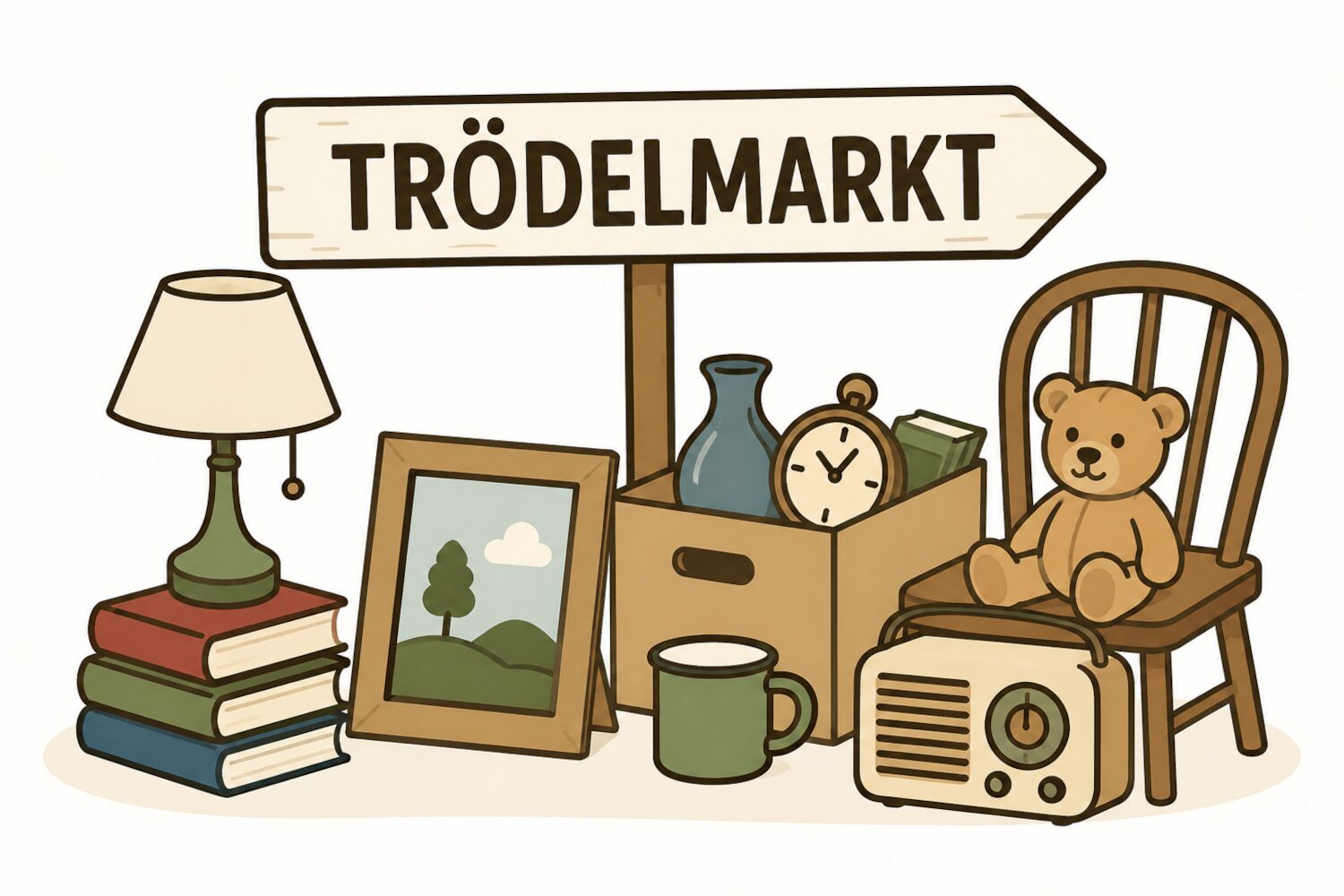 Illustration einer lebhaften Hallenflohmarkt-Szene mit einem „Trödelmarkt“-Schild, Büchern, einem gerahmten Bild, einer Lampe, einem Becher, einer Vase, einer Uhr, einem Teddybären auf einem Stuhl und einem Retro-Radio.