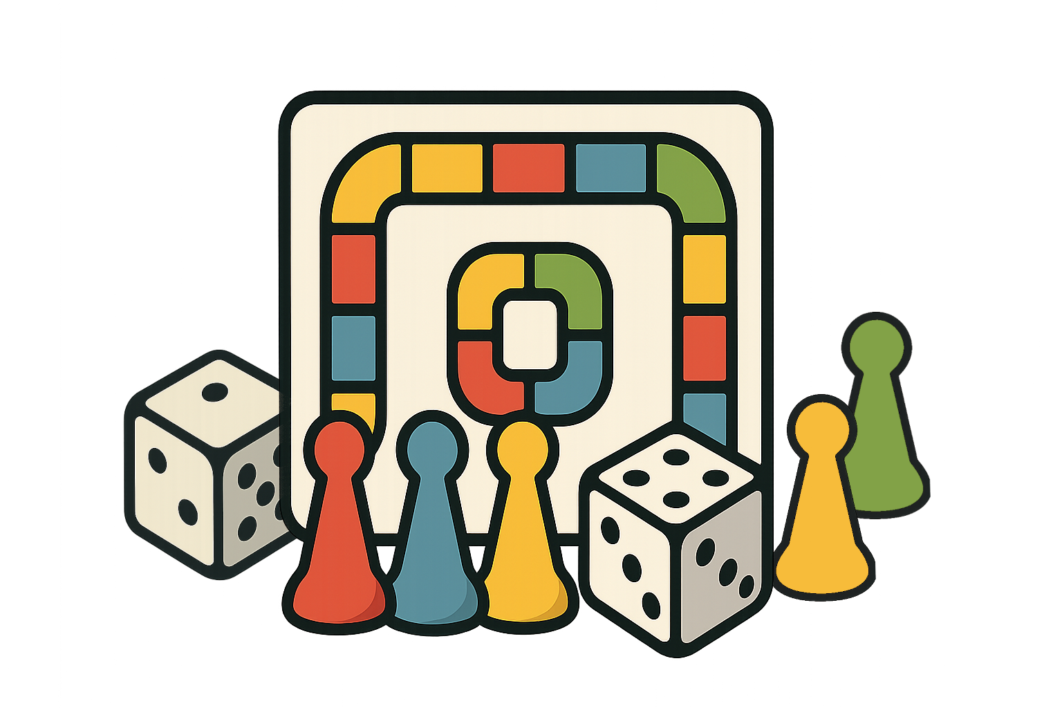 Illustration eines farbenfrohen Brettspiels mit einem quadratischen Spielbrett, vier bunten Spielfiguren in Rot, Blau, Gelb und Grün und zwei weißen Würfeln mit schwarzen Punkten.
