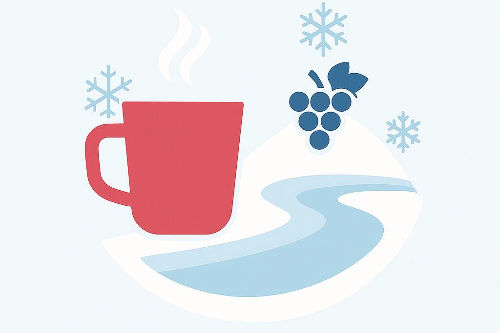 Minimalistische Illustration, die einen roten, dampfenden Becher, eine Traube, zwei Schneeflocken und einen sich windenden blauen Fluss auf hellem Hintergrund zeigt und an den gemütlichen Charme eines winterlichen Picknicks oder einer Glühwein-Tour erinnert.