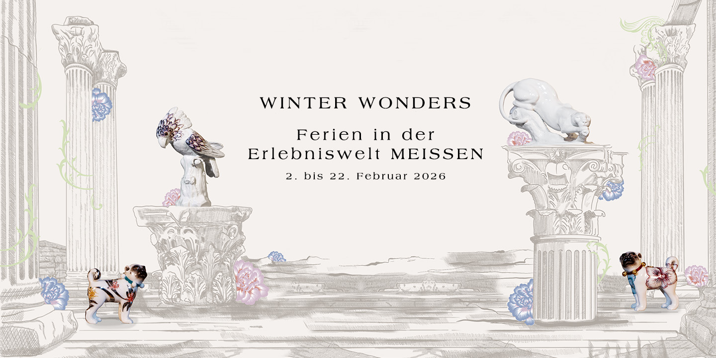 Zeichnung von antiken Säulen mit Tierfiguren aus Porzellan (Katze, Hund, Vogel, Affe) auf Sockeln. In der Mitte: Winter Wonders - Ferien in der Erlebniswelt MEISSEN, 2. bis 22. Februar 2026. Entdecken Sie zauberhafte Wintermomente!.