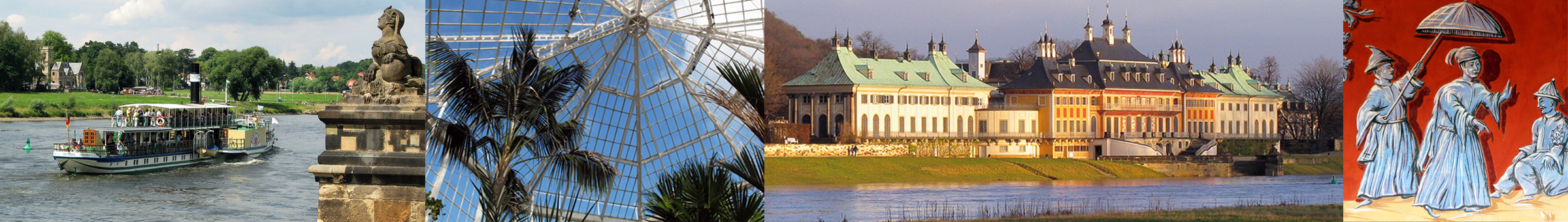 Eine Collage, die ein Flussschiff auf einem Fluss (Elbe), ein modernes Glasgebäude mit Spiegelungen, das historische Pillnitzer Schloss mit seinen grünen Dächern am Wasser und ein verziertes rotes Kunstwerk mit Figuren, die Sonnenschirme halten, zeigt - wie ein raffiniertes Arrangement des Hotels Martha.