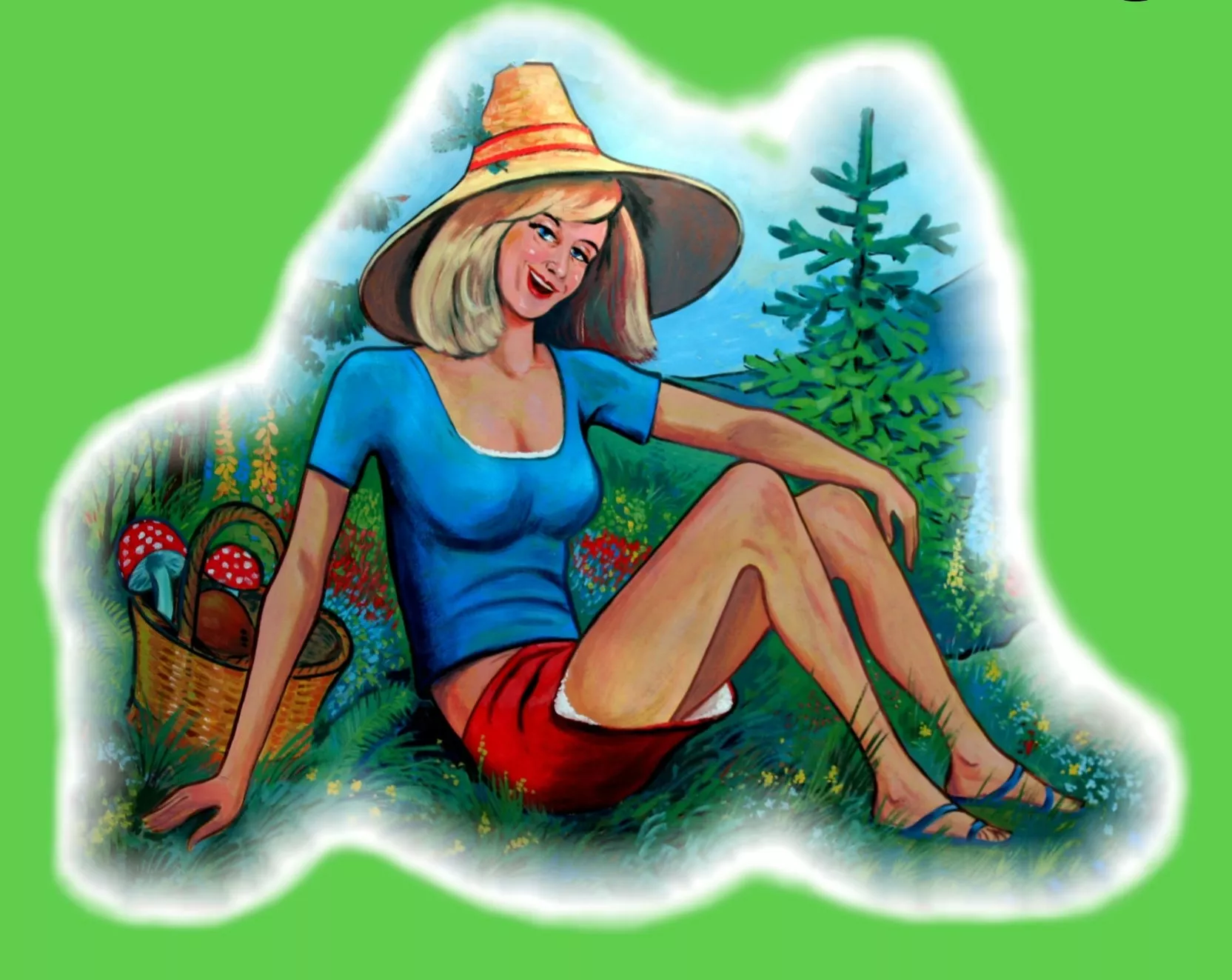 Eine lächelnde Frau mit Hut sitzt im Gras in der Nähe eines Korbes mit Pilzen. Sie trägt ein blaues Oberteil und einen roten Rock, um sie herum stehen ein Baum und Blumen, auf einem hellgrünen Hintergrund.
