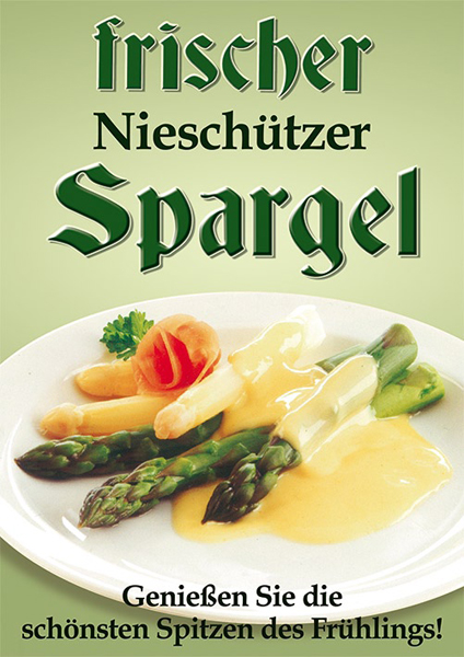 Teller mit weißem und grünem Spargel aus Sachsen, belegt mit Sauce Hollandaise, serviert mit Karotten- und Kartoffelspalten. Der deutsche Text wirbt für frischen Nieschützer Spargel und lädt ein, die schönsten Spitzen des Frühlings zu genießen.