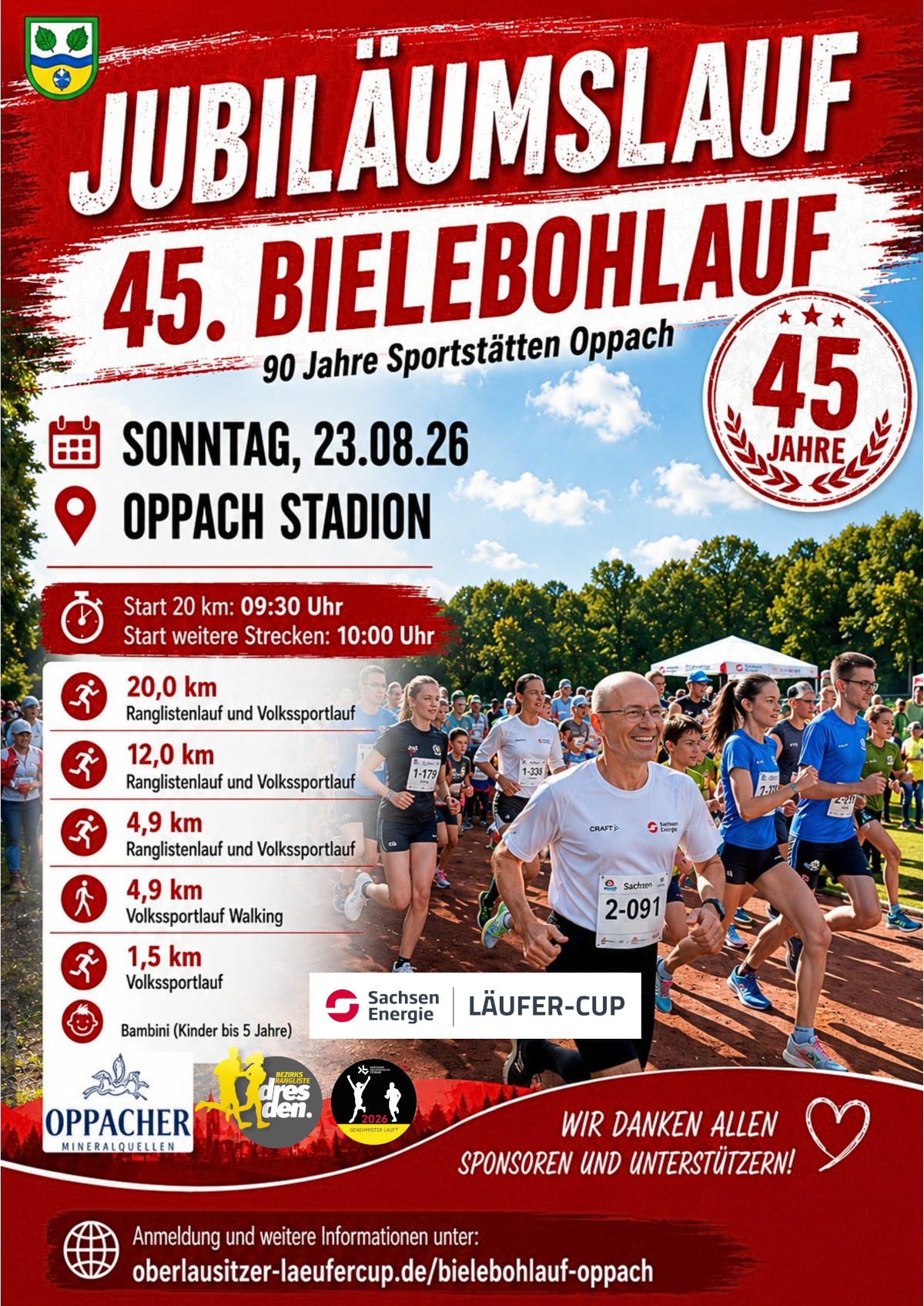 Plakat für den 45. Bielebohlauf am 23. August 2026 im Oppach-Stadion mit Angaben zu den Laufdistanzen, Veranstaltungsdetails, Sponsorenlogos und einem Foto von Läufern auf der Laufbahn. Zur Feier des 90-jährigen Bestehens des Oppach-Sportgeländes und der Bielebohlauf-Tradition.