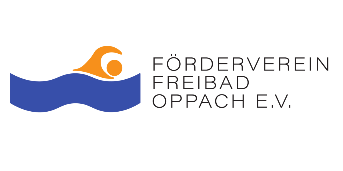 Logo mit einem stilisierten orangefarbenen Schwimmer über blauen Wellen, daneben der Text „FÖRDERVEREIN FREIBAD OPPACH E.V.“ in schwarzen Großbuchstaben auf weißem Hintergrund, der den Geist des Freibads Oppach verkörpert.
