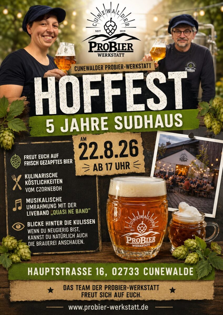Plakat für das Hoffest der ProBier-Werkstatt anlässlich des 5-jährigen Jubiläums von Sudhaus am 22. August um 17 Uhr in Cunewalder mit Bier, Essen, Musik und Brauereiführungen – mit Bildern von lächelnden Mitarbeitern und Bierkrügen in einer lebhaften Atmosphäre im Freien.