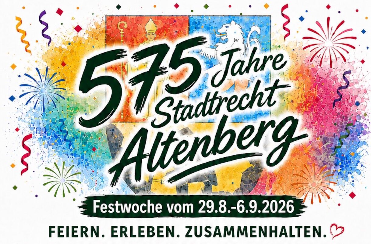 Farbenfrohe Grafik mit Konfetti und Feuerwerk, auf der „575 Jahre Stadtrecht Altenberg“ zu lesen ist. Auf dem Banner darunter steht „Festwoche vom 29.8.–6.9.2026“ sowie „Feiern. Erleben. Zusammenhalten.“ auf Deutsch – eine lebhafte Hommage an das Stadtfest Altenberg.