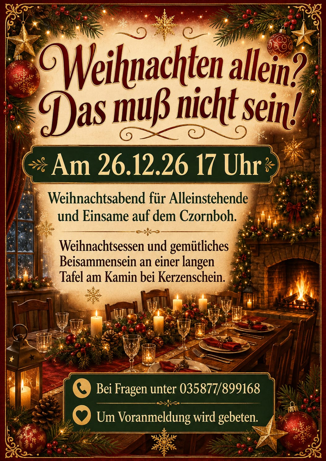 Festliche Weihnachtseinladung mit einem geschmückten Baum, einem Kamin und einem festlich gedeckten Tisch. Seien Sie dabei bei „Weihnachten auf dem Czorneboh“ – einem Weihnachtsessen für Alleinstehende – am 26. Dezember 2026 um 17 Uhr. Freuen Sie sich auf nette Gesellschaft! Bitte melden Sie sich unten an.