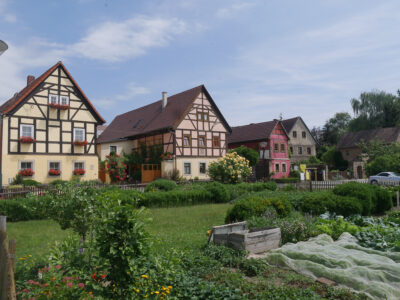Eine Reihe traditioneller Fachwerkhäuser hinter einem Gemüsegarten mit Hochbeeten und Netzvorrichtungen entlang des Weinlehrpfads Radebeul.