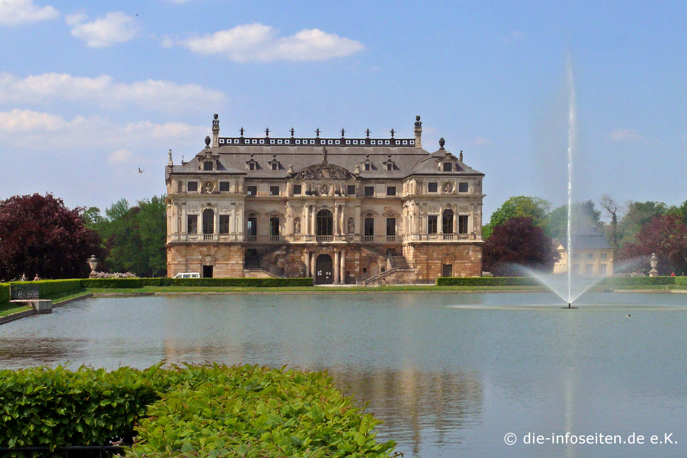 Das Palais im Großen Garten, ein prachtvoller Barockpalast, steht hinter einem großen spiegelnden Teich mit einer zentralen Wasserfontäne, umgeben von gepflegten Gärten und Bäumen unter einem teilweise bewölkten Himmel.